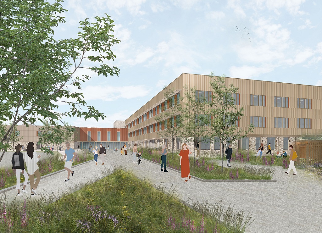 a 3D image of what the new school could look like as you approach the main entrance