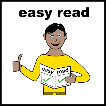 the words 'easy read' above a person in a yellow top holding a piece of paper with 'easy read' written on it and giving a thumbs up