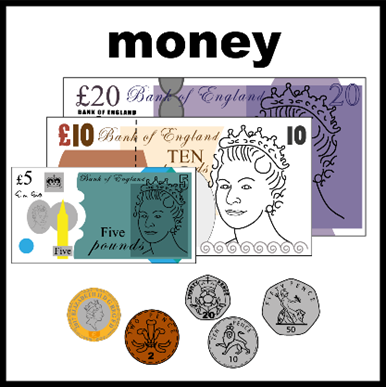 the word 'money' above bank notes and coins