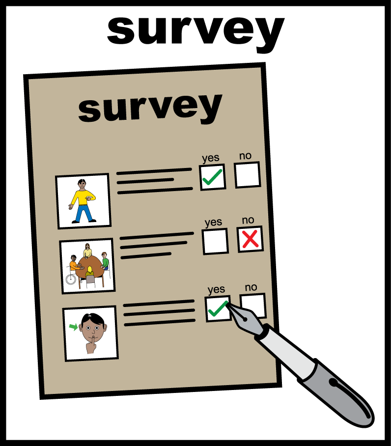 the word 'survey' above a piece of paper with checkboxes and a pen