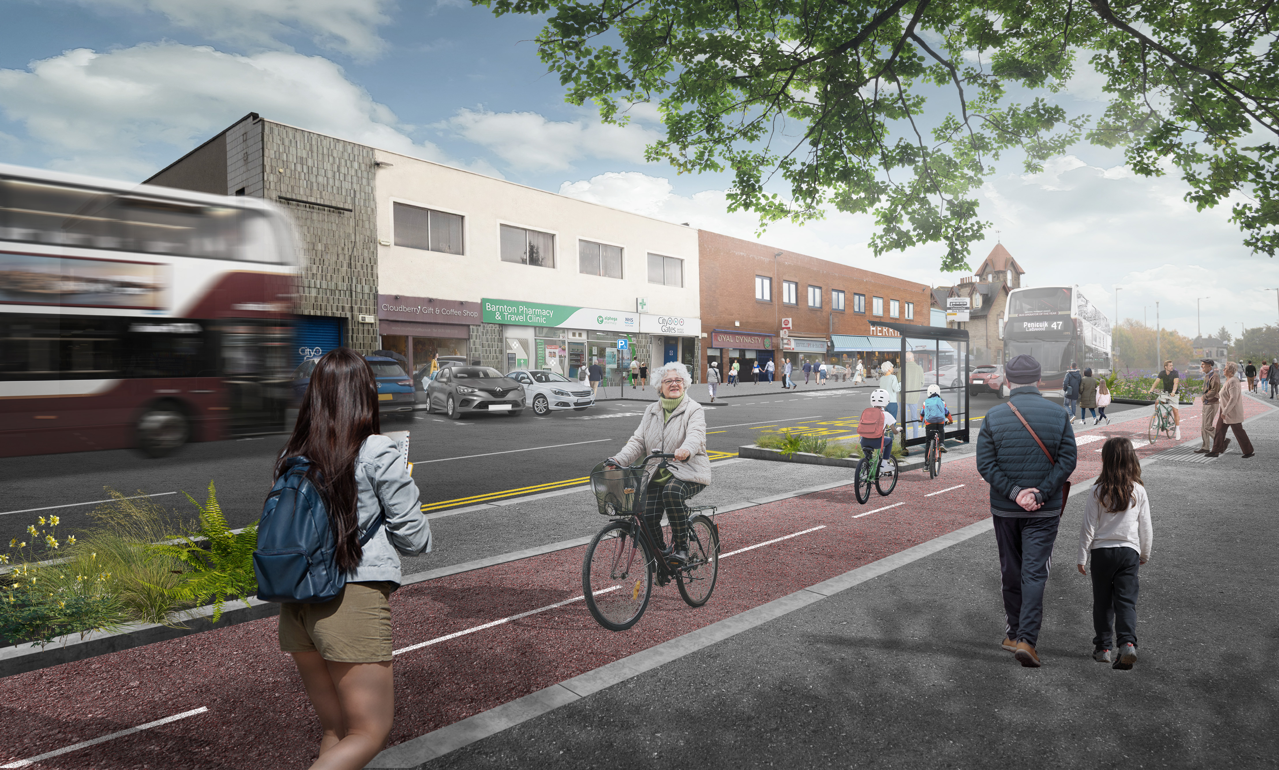 3D visualisation of Whitehouse Road with people cycling on proposed new cycle track, bus stop and buses, people walking on pavements, cars and vans parked and shops in background