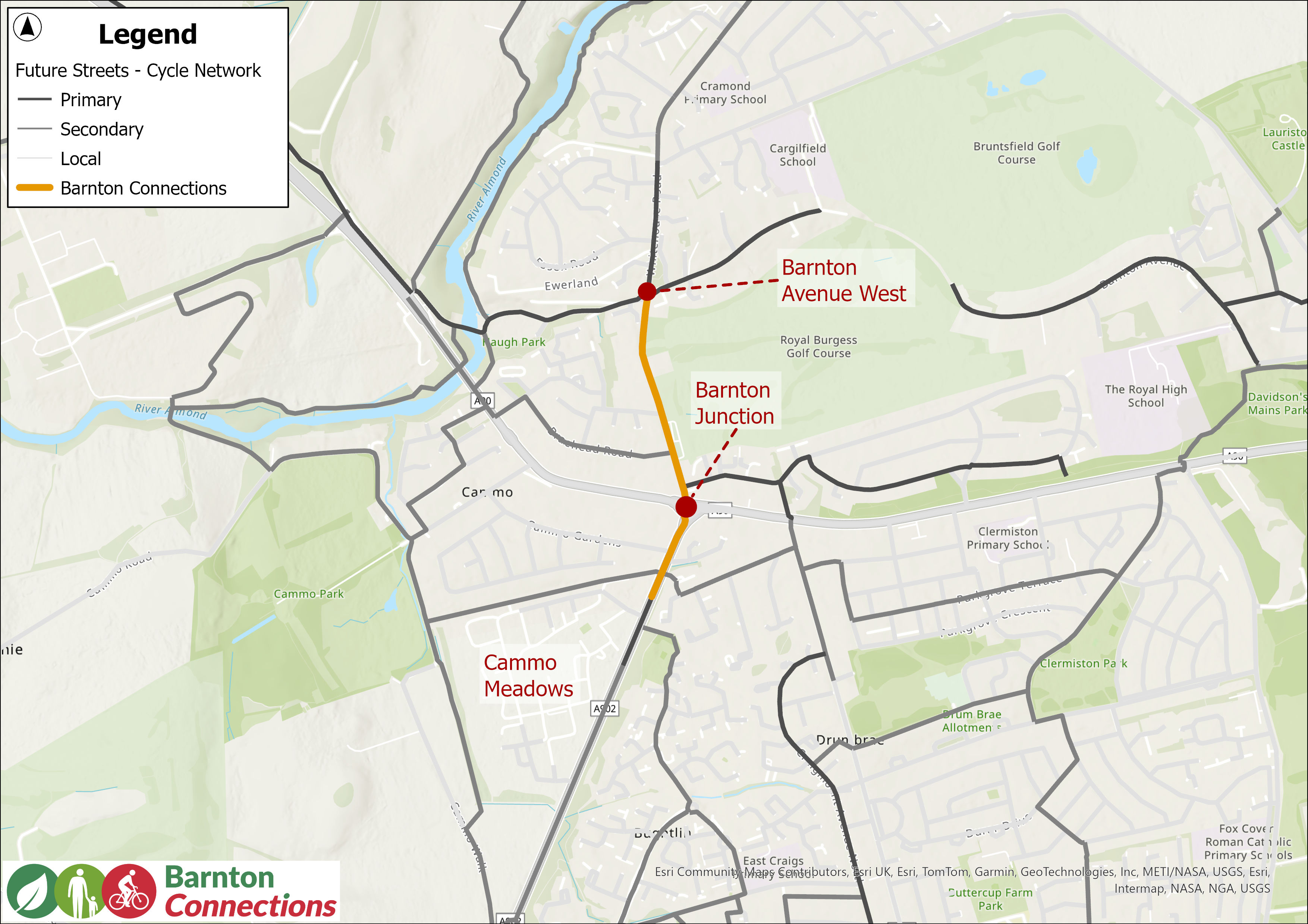 Map showing project area within wider future network proposals with primary, secondary and local future cycle network shown