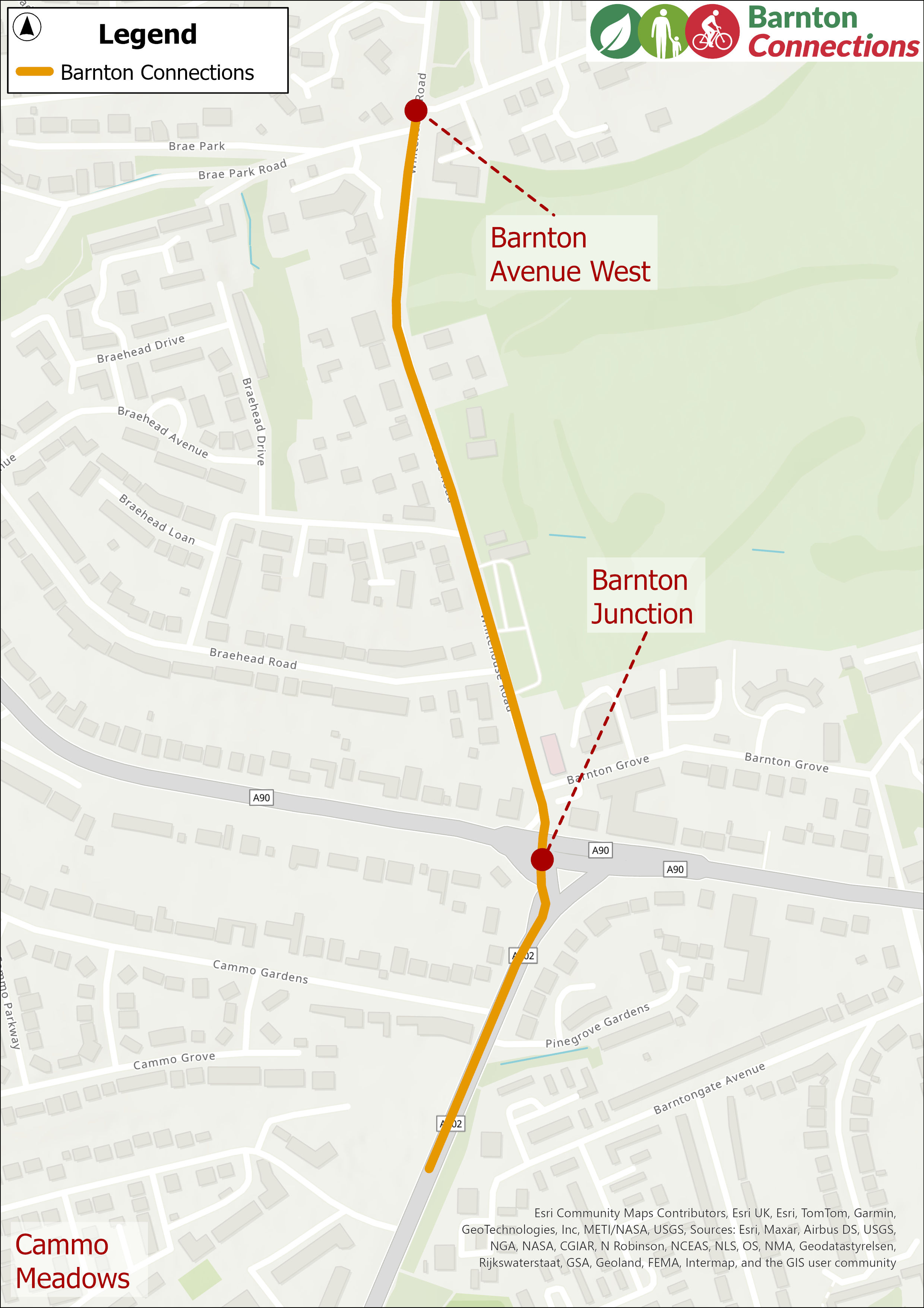 Map of location of proposed improvements between Cammo Meadows, through Barnton Junction and Whitehouse Road north to Barnton Avenue West
