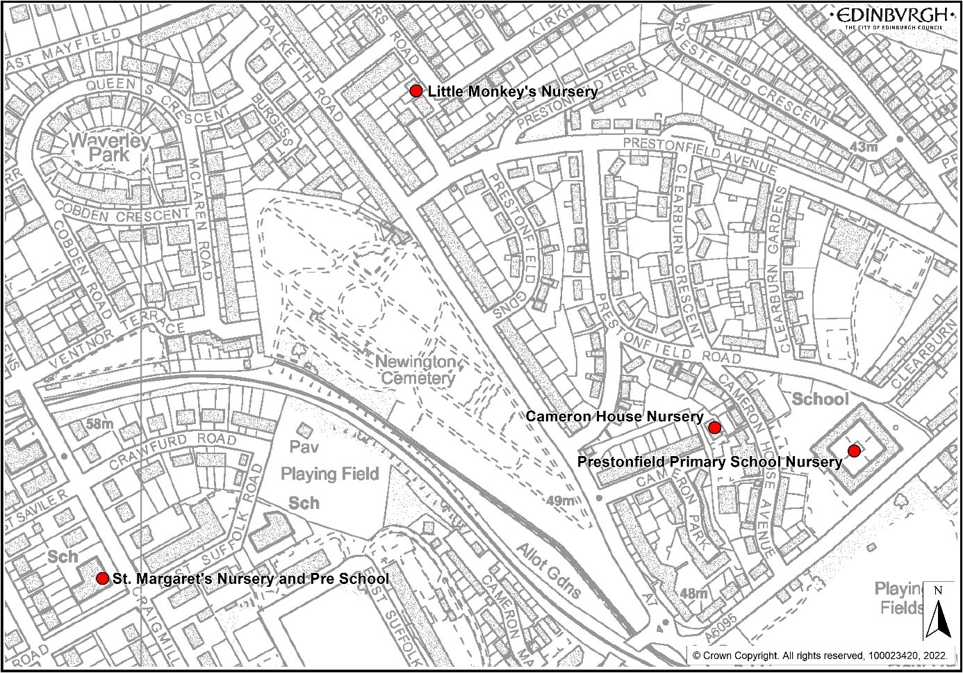 Map showing locations of nursery provision in Prestonfield area