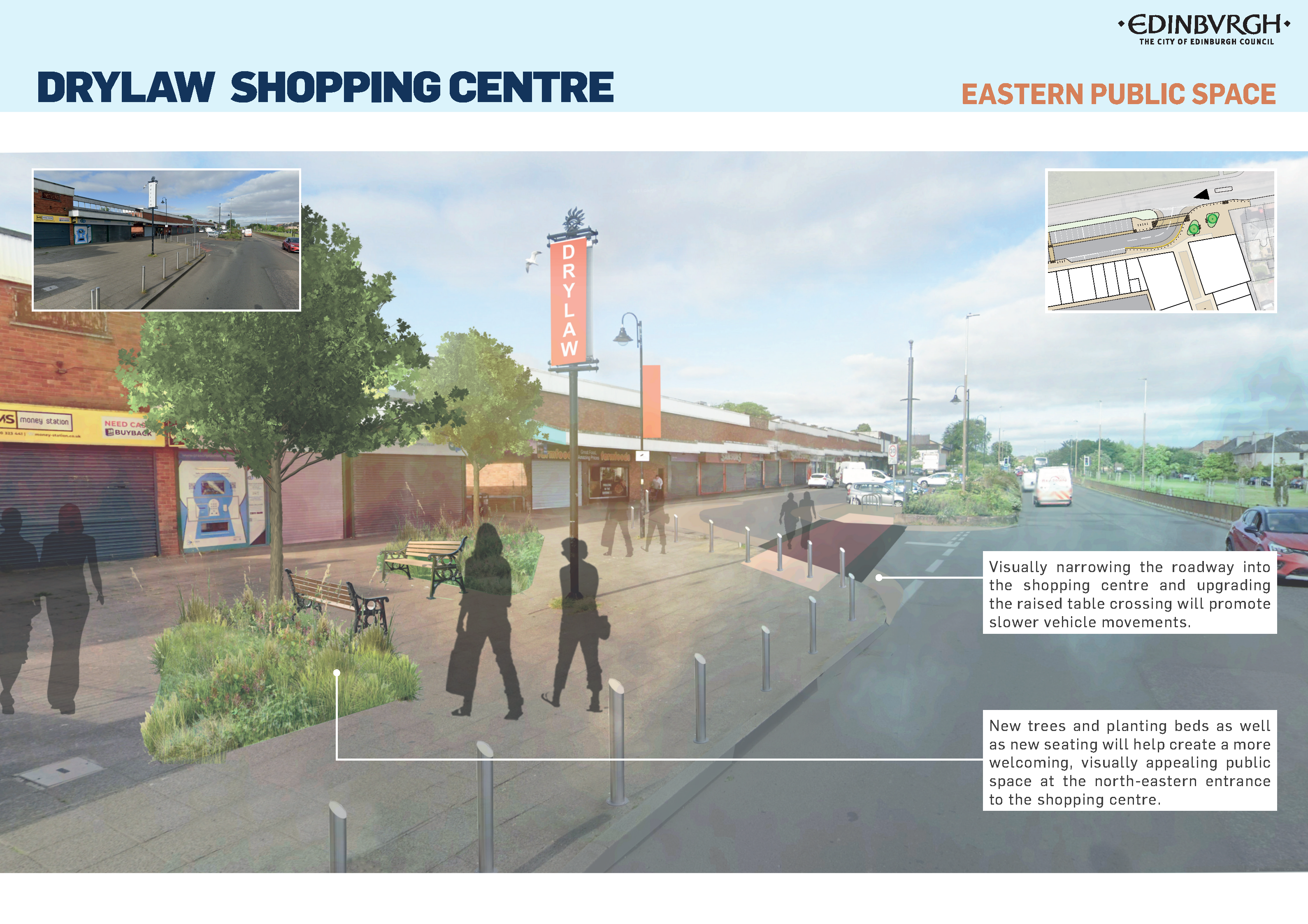 Text boxes:  Narrower looking roadway into the shopping centre and upgrading the raised table crossing will help slow vehicle speeds (a raised table is a pedestrian crossing combined with a speed bump).  New trees and planting beds and a new seating will help create a more welcoming and better looking public space at the eastern entrance.