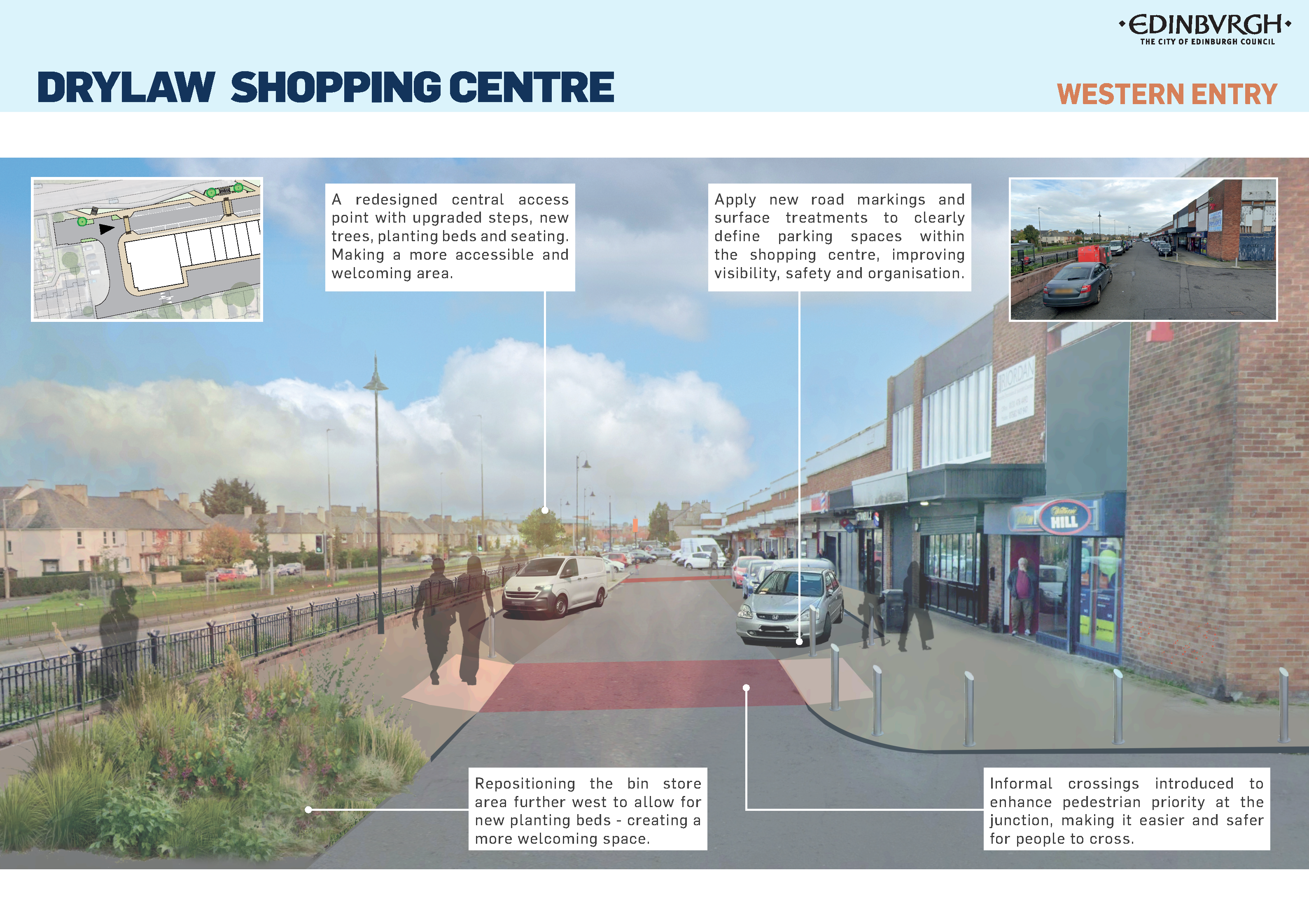 Text boxes (clockwise from top left):  An improved central entrance with upgraded steps, new trees, planting beds and seating. Making a more accessible and welcoming area.  Apply new road markings and surface treatments to clearly define parking spaces within the shopping centre, improving visibility, safety and organisation.  Repositioning the bin store area to a less busy area to allow for new planting beds - creating a more welcoming space.  Informal crossings introduced to enhance pedestrian priority at the junction, making it easier and safer for people to cross.