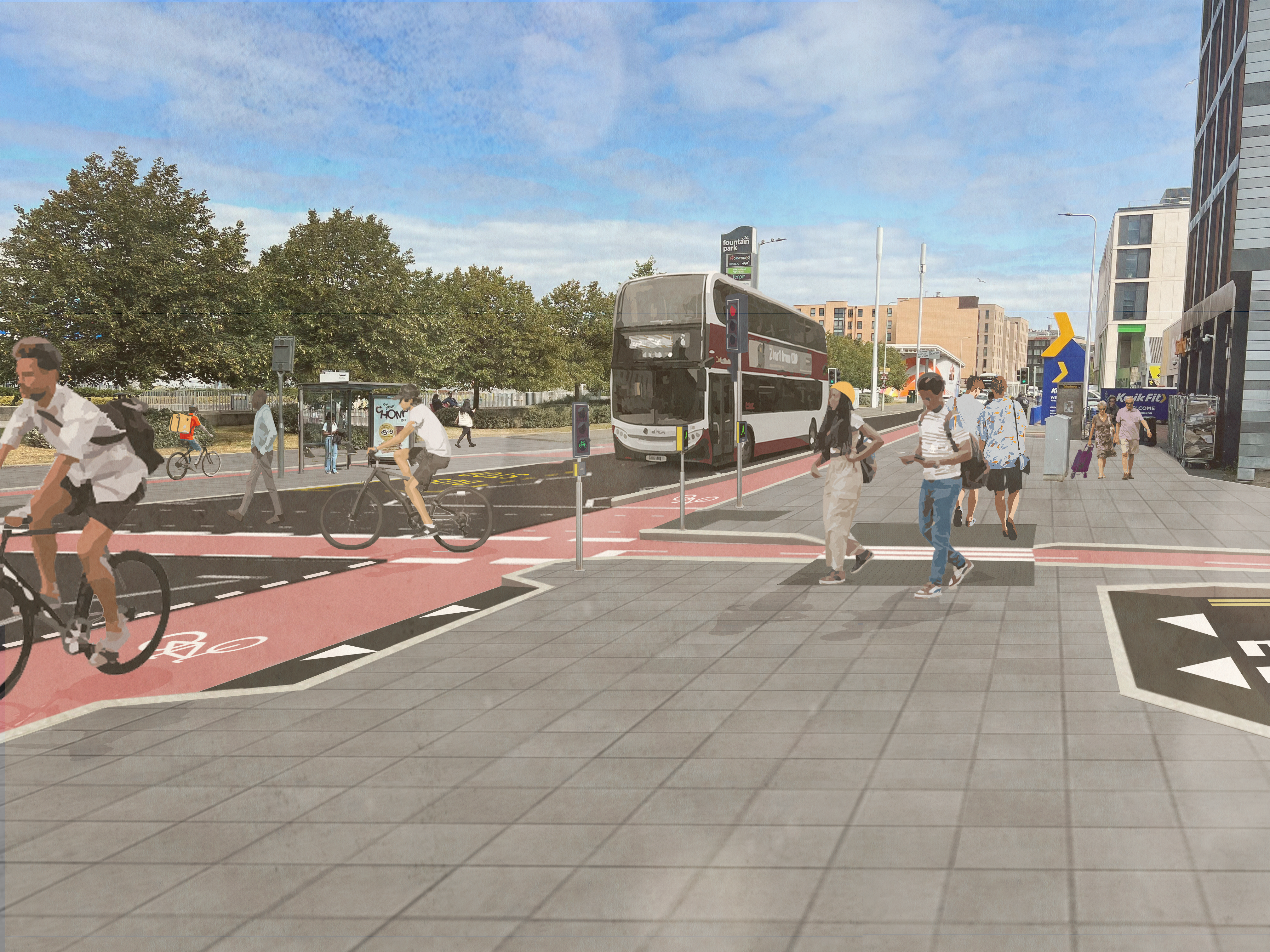 Visualisation showing proposed changes at Dundee Street, junction with Gibson Terrace. Visual shows red cycle lanes on both sides of Dundee Street and new pedestrian and cycle crossing on Dundee Street, at junction with Gibson Terrace. Visual shows a continuous footway at the junction for Gibson Terrace, with a mini-zebra crossing to cross the new cycle lane to/from Gibson Terrace from/to Dundee Street. In the background a bus stop bypass is visible, where the new cycle lane passes behind the bus stop at Fountain Park. 