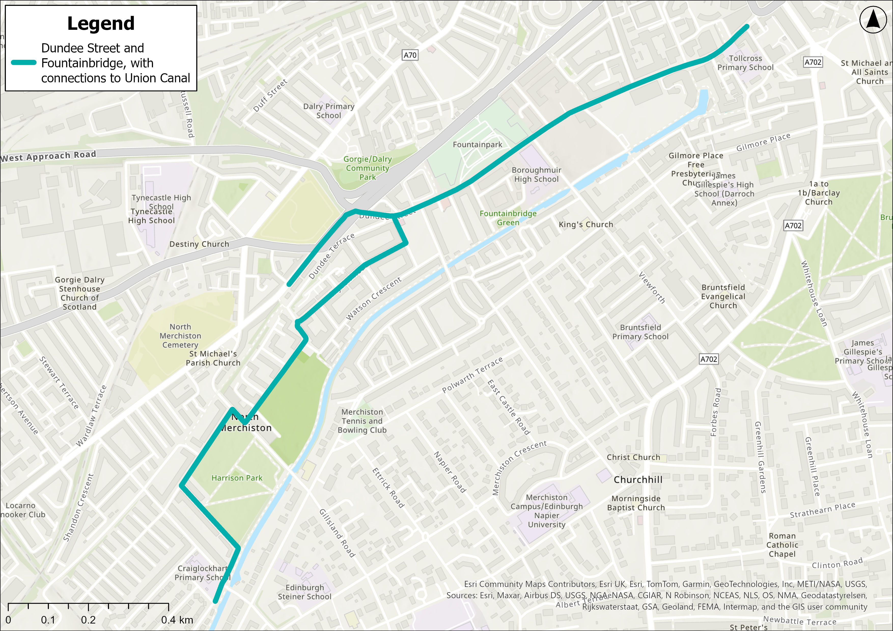 Map image showing the proposed route, extending from Dundee Street and Fountainbridge (between Angle Park Terrace and Ponton Street) and the Union Canal Link which includes Ashley Drive, Ogilvie Terrace, Harrison Gardens, West Bryson Road, Bryson Road and Fowler Terrace. 