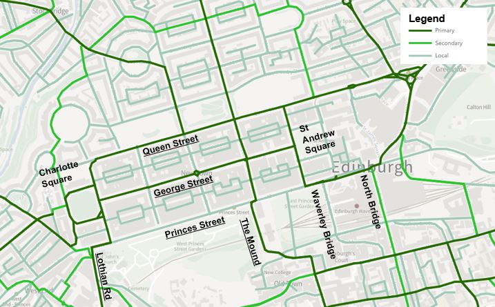 Extract map from Future Streets, showing the Primary, Secondary and Local Cycle Networks within the city centre