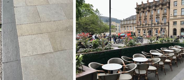 Photo showing sandstone paving and table and chairs outside a cafe