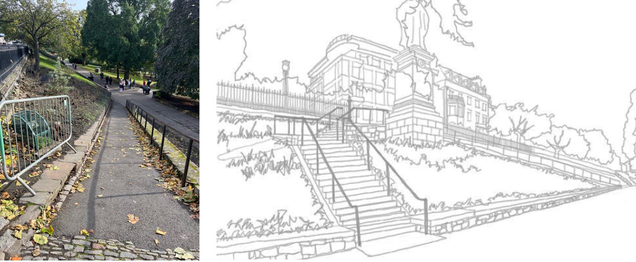 Photo of existing ramp and sketch showing how access would be achieved through a combination of a new ramp and formal steps