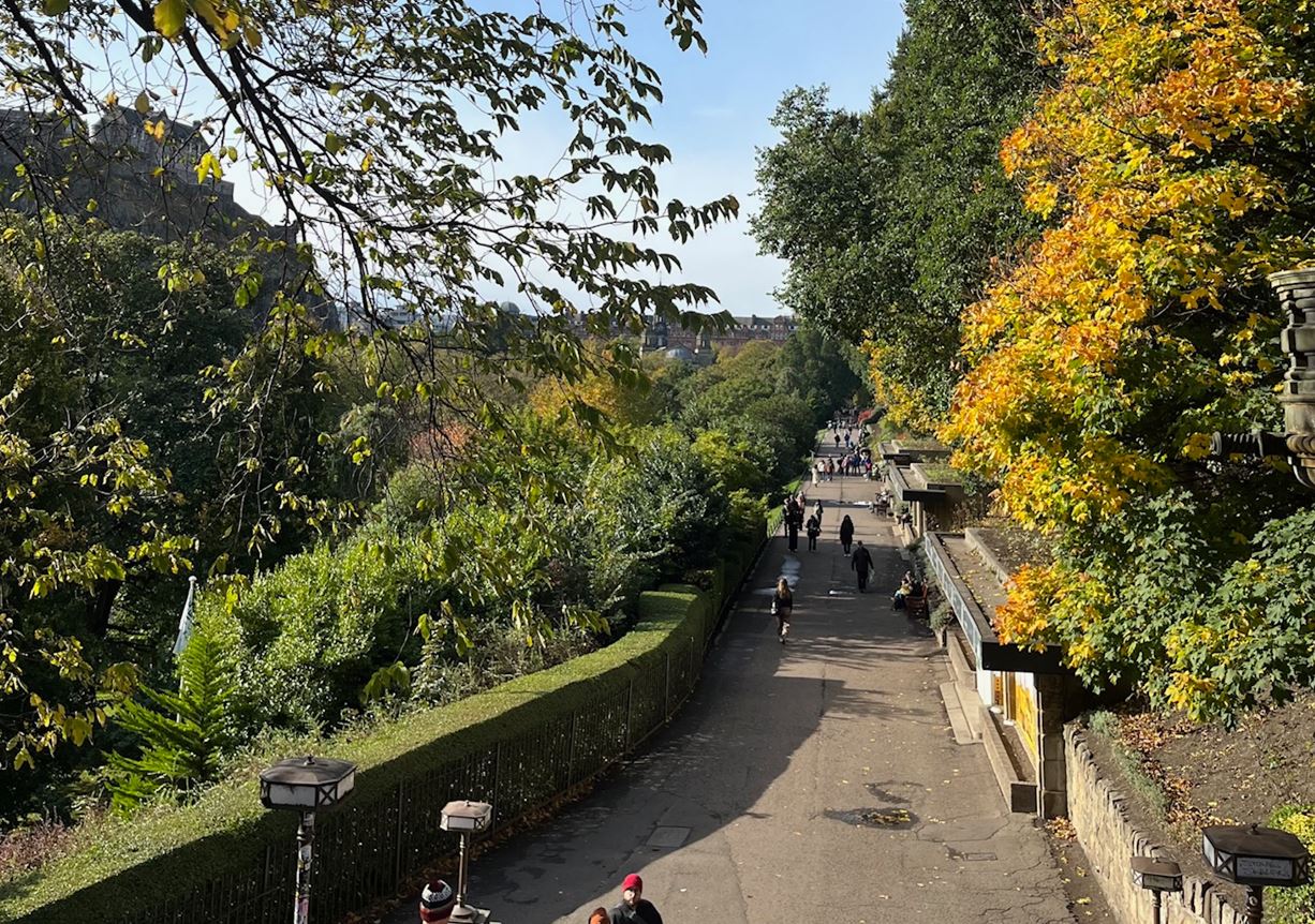 View of West Princes Street Gardens from the foot of The Mound