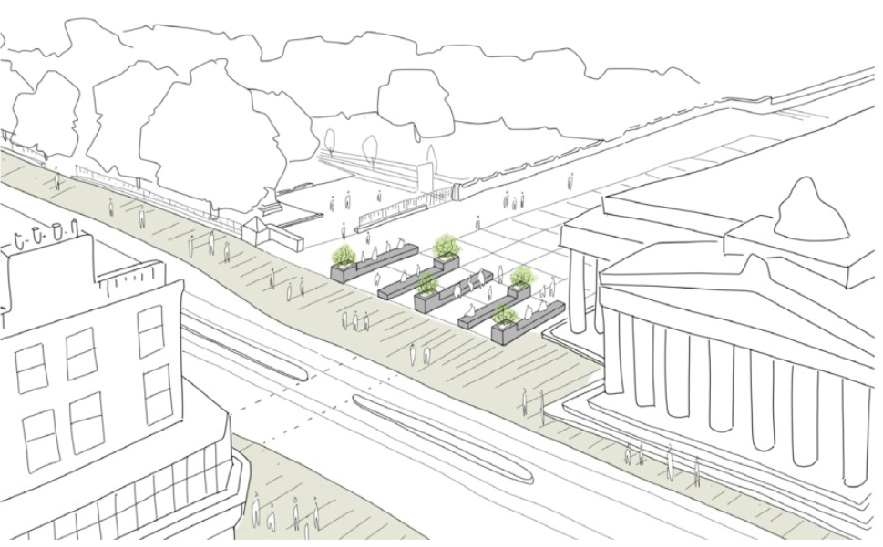 Sketch view of proposed new public seating area at The Mound Precinct.