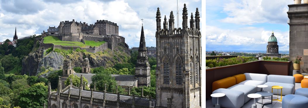 Views to Edinburgh Caste and West Register House from the roof terrace of the Johnnie Walker Experience