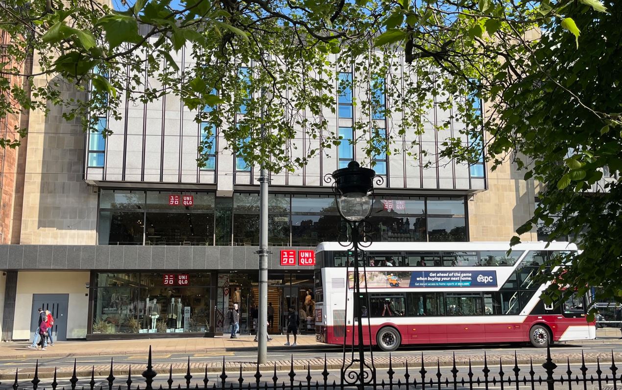 Photograph of the completed redevelopment at 64 Princes Street, a category B Listed building and home to Edinburgh’s Uniqlo store..