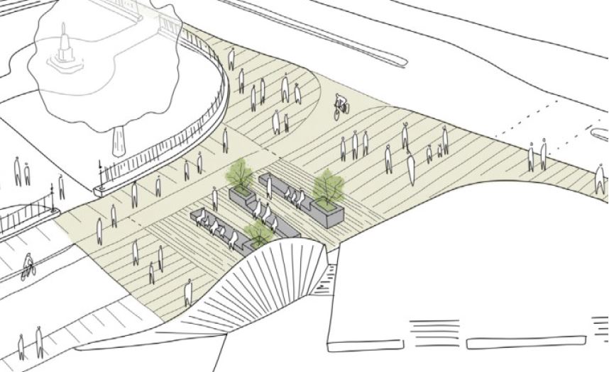 Sketch view of the proposed new  public seating area at sketch view of Placemaking Project 1d at the junction of Waverley Bridge and Princes Street