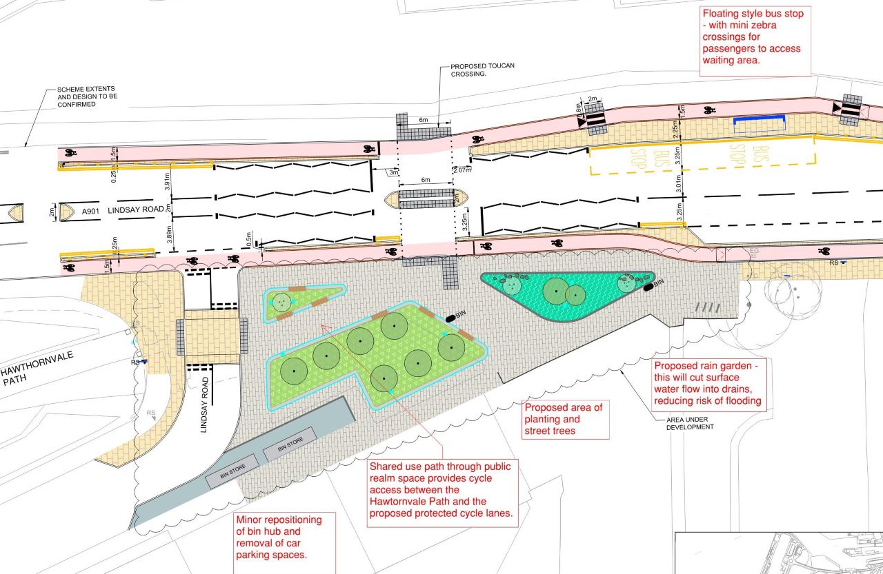 Design drawing for new layout at Hawthornvale path and Lindsay Road with planting, seating, new paving and new cycle tracks