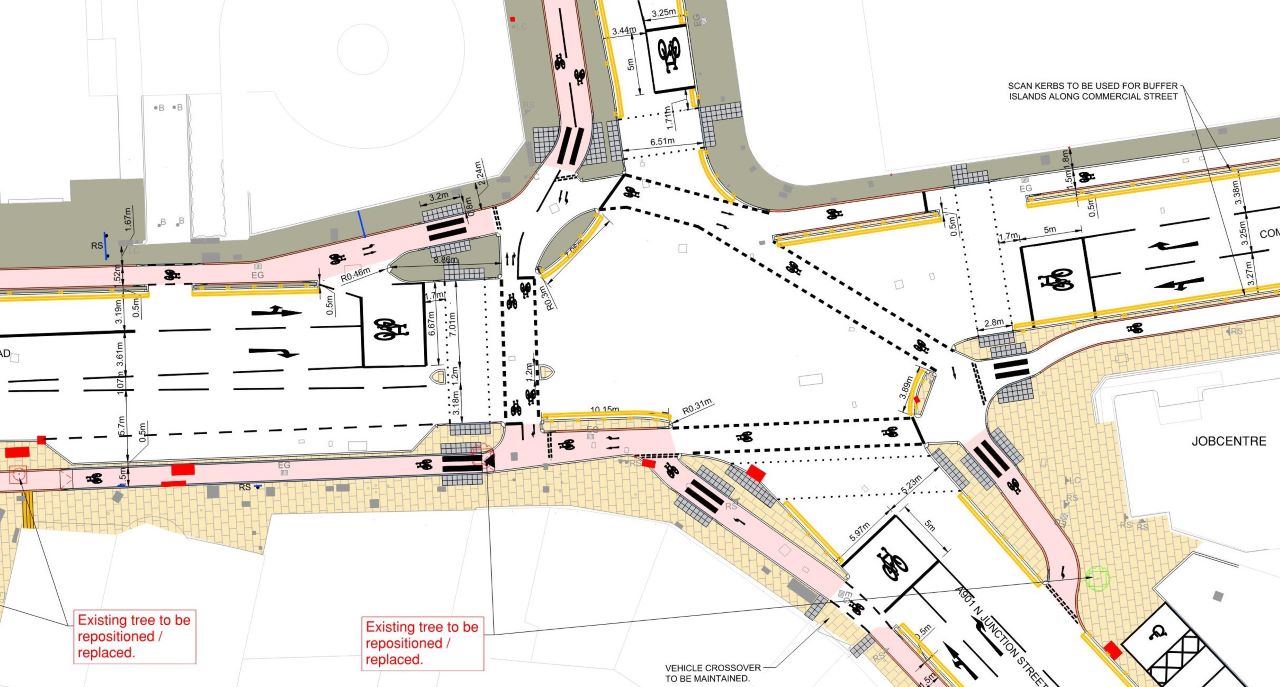 Design drawing for new layout at Commercial Street and Linsday Road junction with planting, seating, new paving and new protected cycle tracks through junction