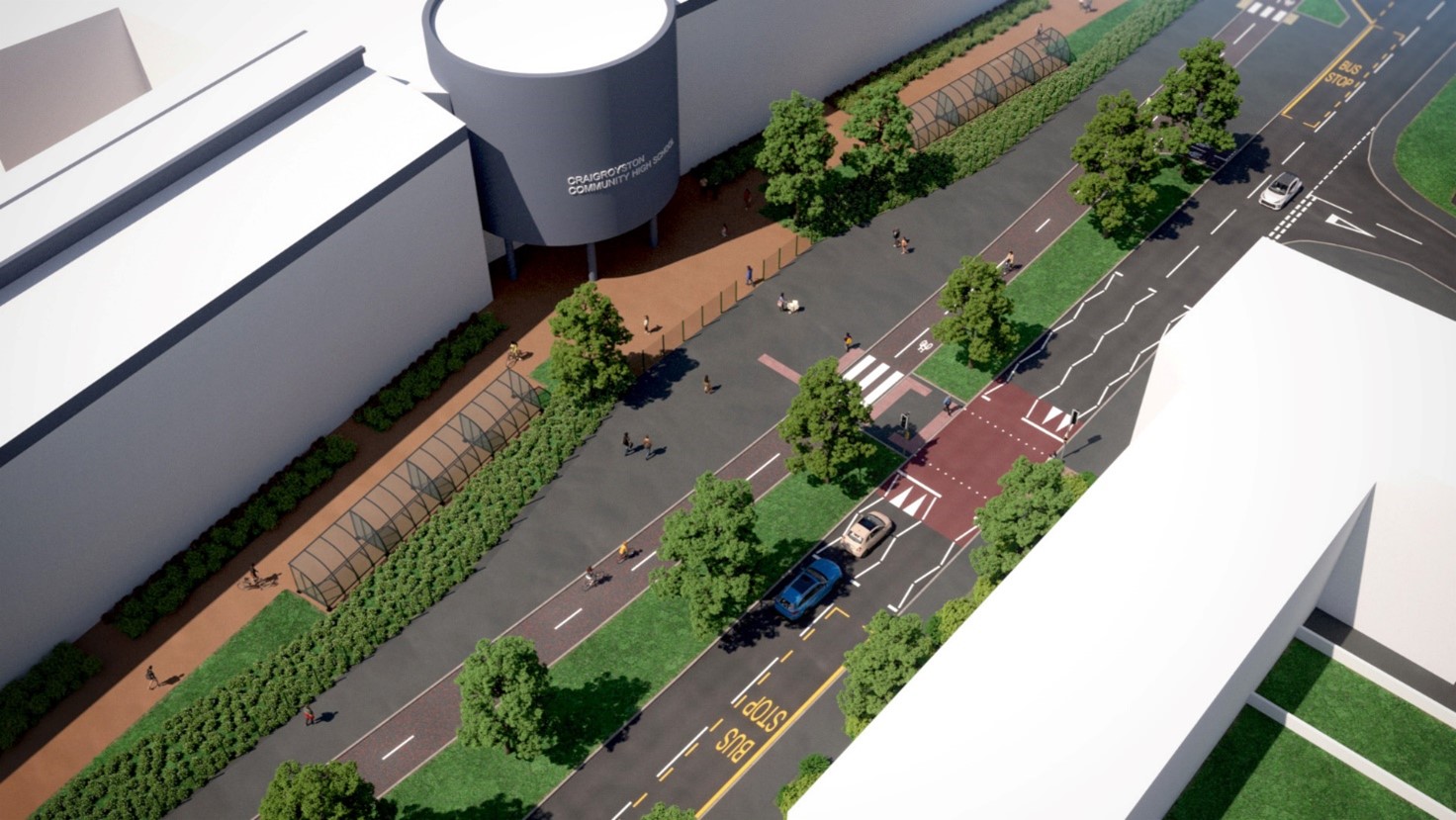 Image showing birds-eye-view of Pennywell Road from Crairoyston High School. New layout includes a pedestrian crossing outside the school and the carriageway reduced to single lanes