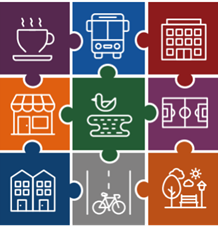 Graphic of symbols representing different things you might see in a neighbourhood, like a coffee cup, bus, nature, sports pictch and a house.