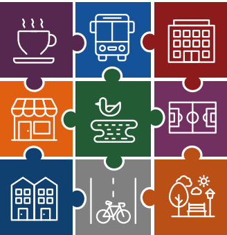 Graphic showing colourful icons of what you might see in an area (coffee cup, bus, house, sports pitch etc)