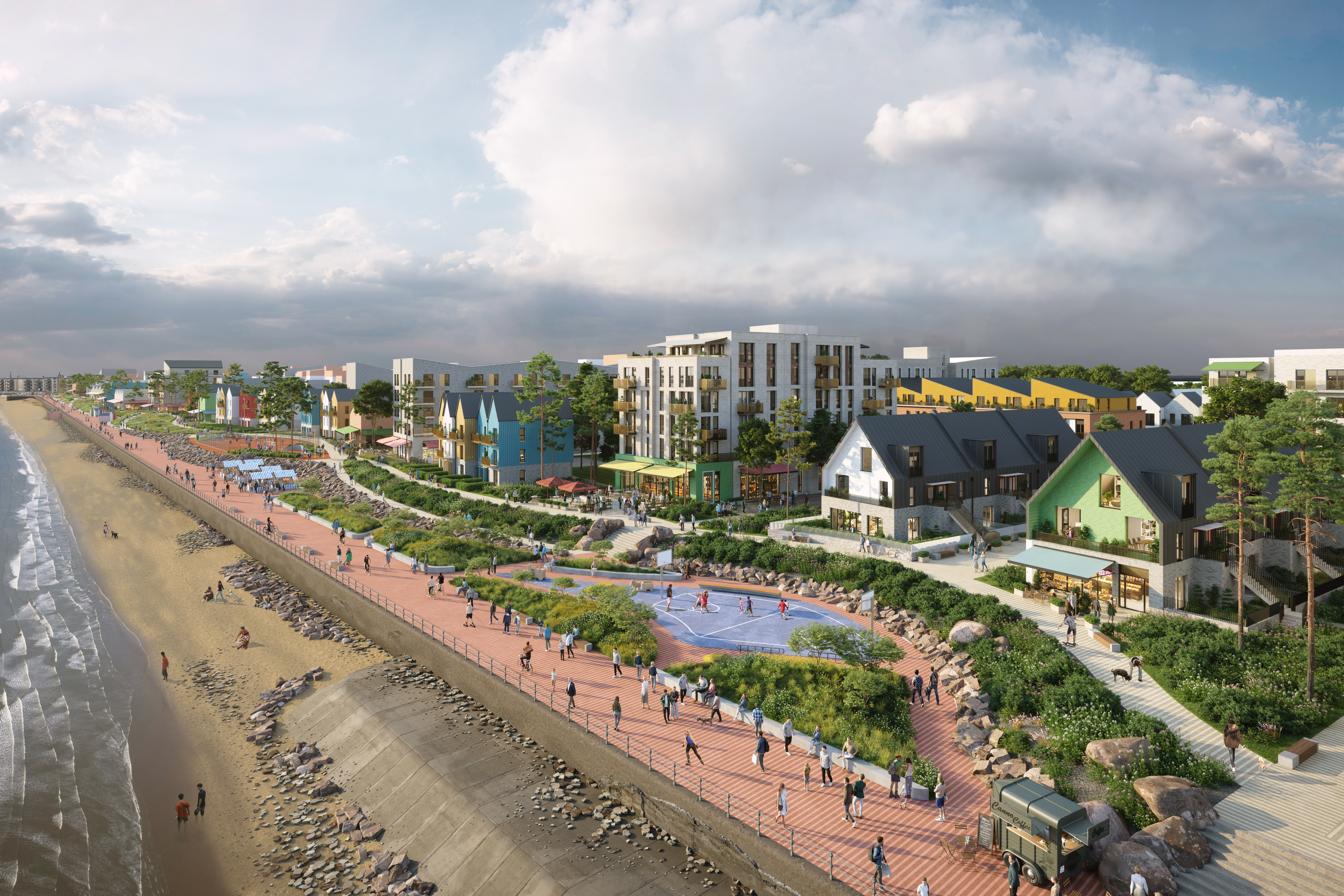 View of proposed Seafield promenade showing people walking, greenery and new buildings