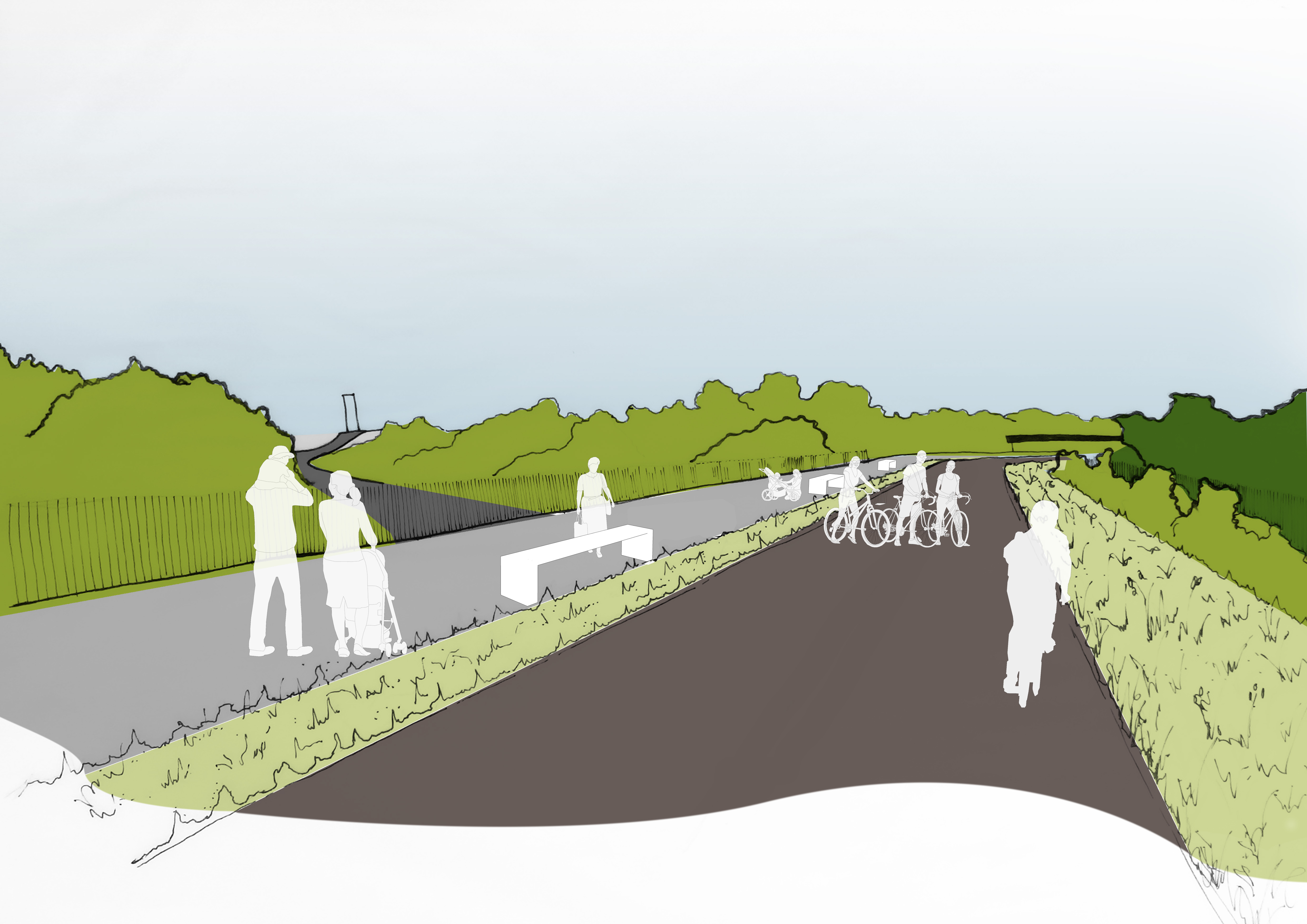 Visualisation of reallocated road space on northern bridge of Echline Interchange for walking, wheeling and cycling only. Motor vehicles would use southern bridge.